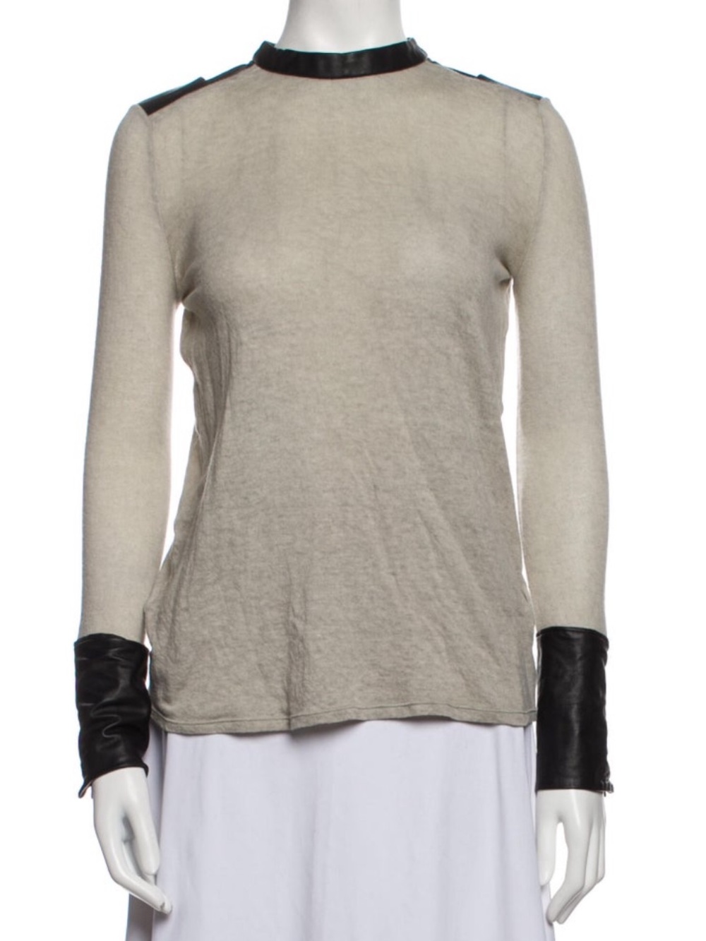 Helmut Lang Wool Beige Long-Sleeve Top with Black Leather Trim